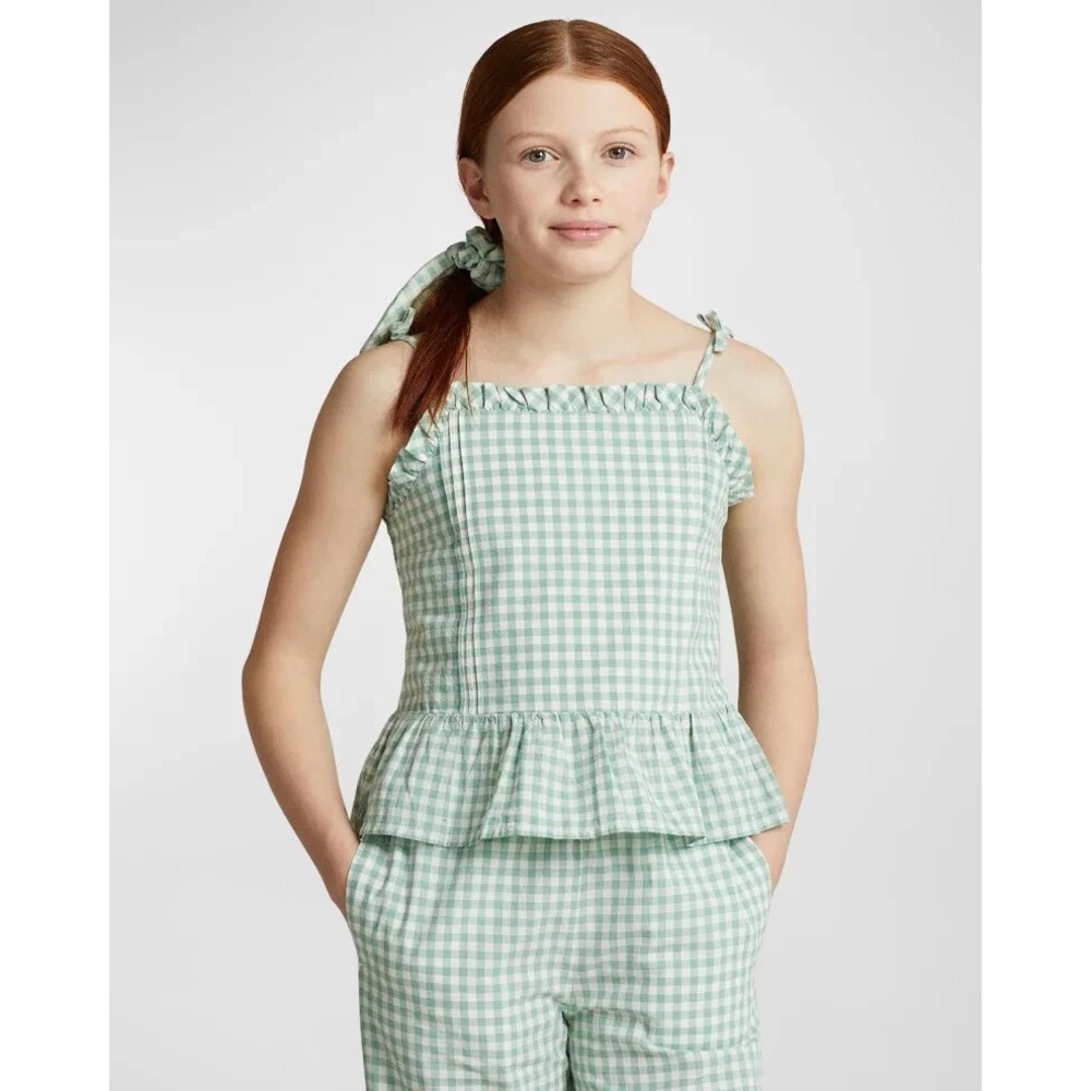 POLO Ralph Lauren Girls Gingham Cotton Madras Peplum Top Size 14 New